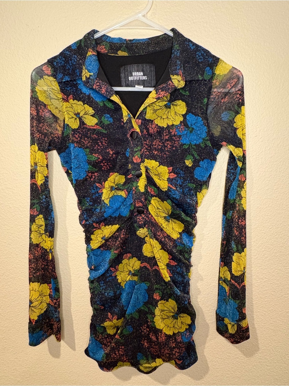 Urban Outfitters Black Sparkly Flower Button Up Ruched Dress UO Size XS